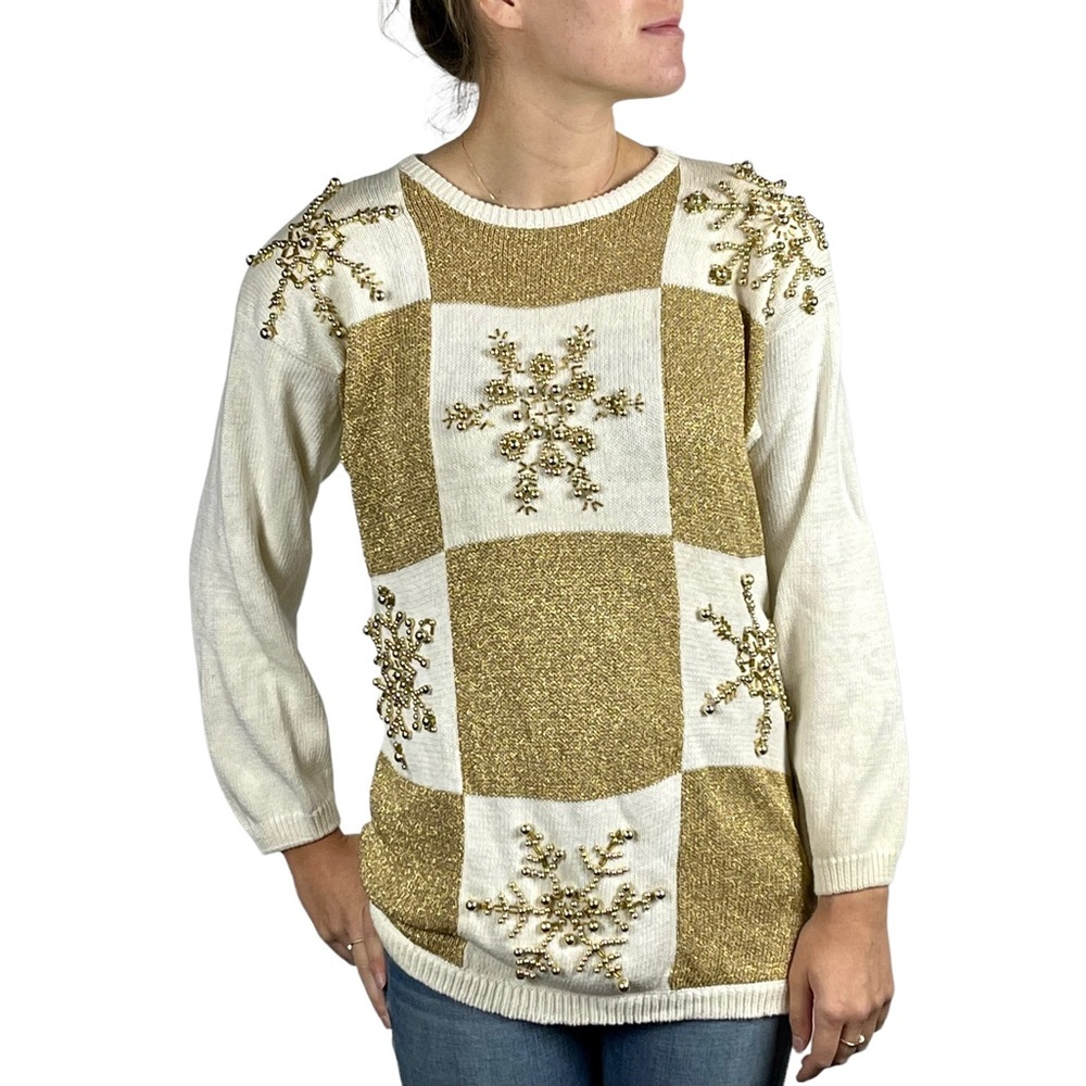 VINTAGE SNOWFLAKE CHECKERBOARD METALLIC GOLD HOLIDAY CHRISTMAS SWEATER EMINENT
